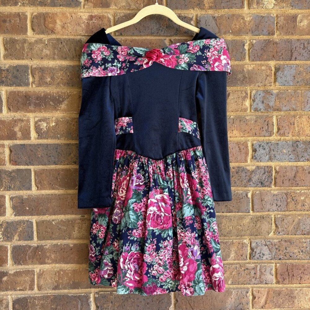 Vintage 1980s Swat Girls Navy Velvet Rose Print Long Sleeve Knee Length Dress